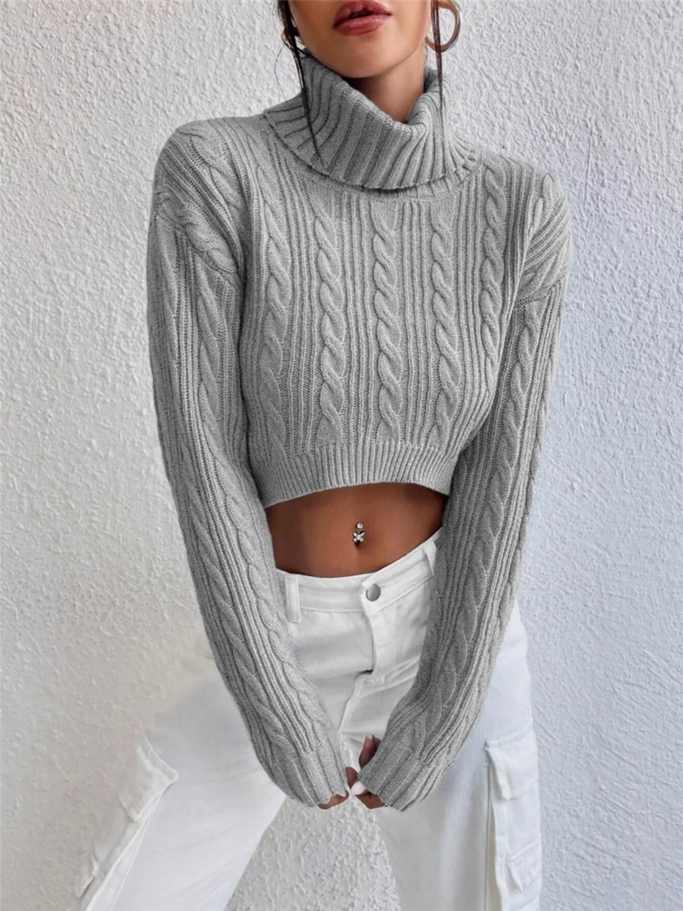 Cable-Knit Turtleneck Long Sleeve Sweater OutfitFlow