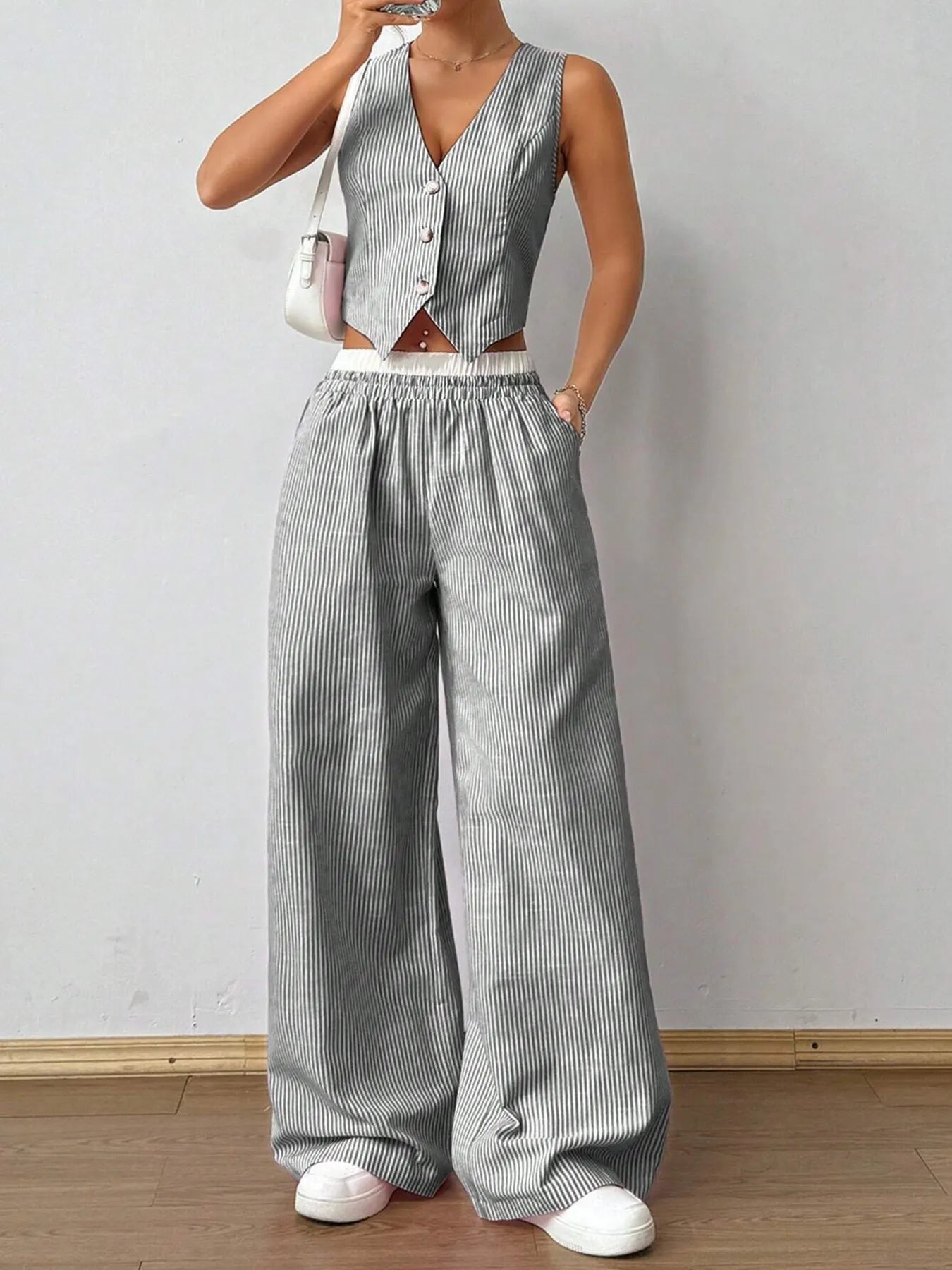 Striped Vest Top and Wide Leg Pants Two-Piece Set OutfitFlow