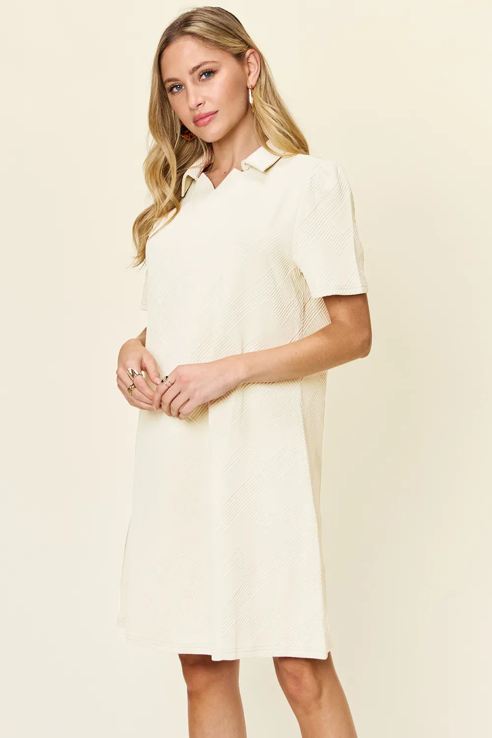 Double Take Full Size Texture Collared Neck Short Sleeve Dress OutfitFlow