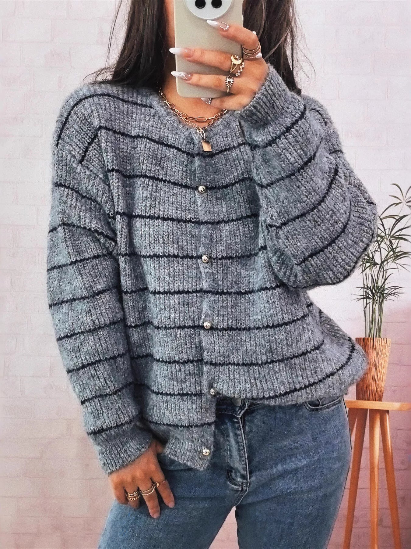 Striped Button Up Long Sleeve Cardigan Gray One Size OutfitFlow