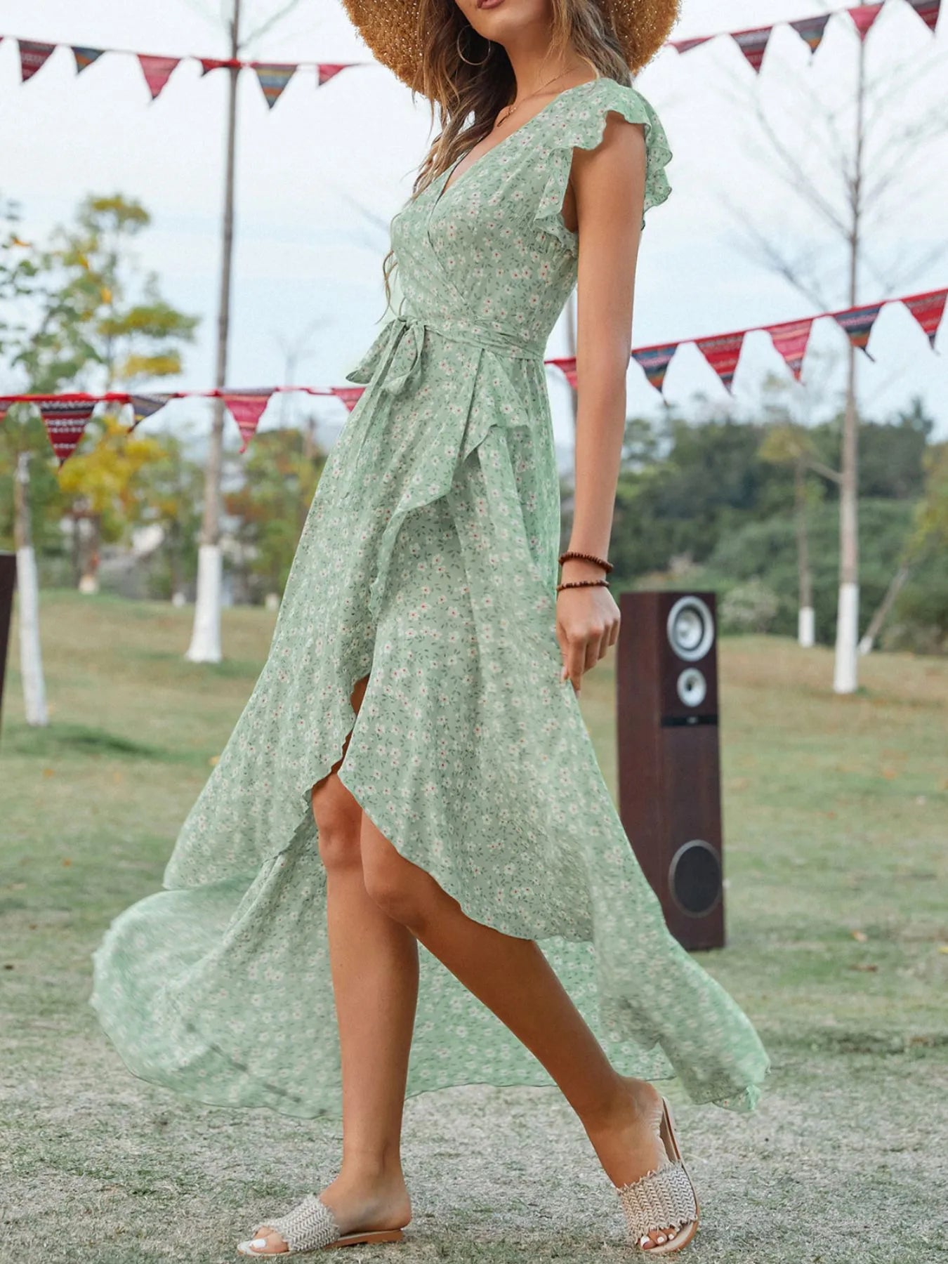 Printed Surplice Ruffle Sleeve Dress OutfitFlow