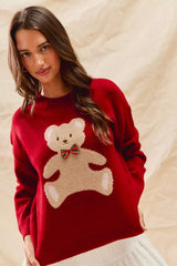 SO ME Teddy Bear With Check Ribbon Christmas Sweater OutfitFlow