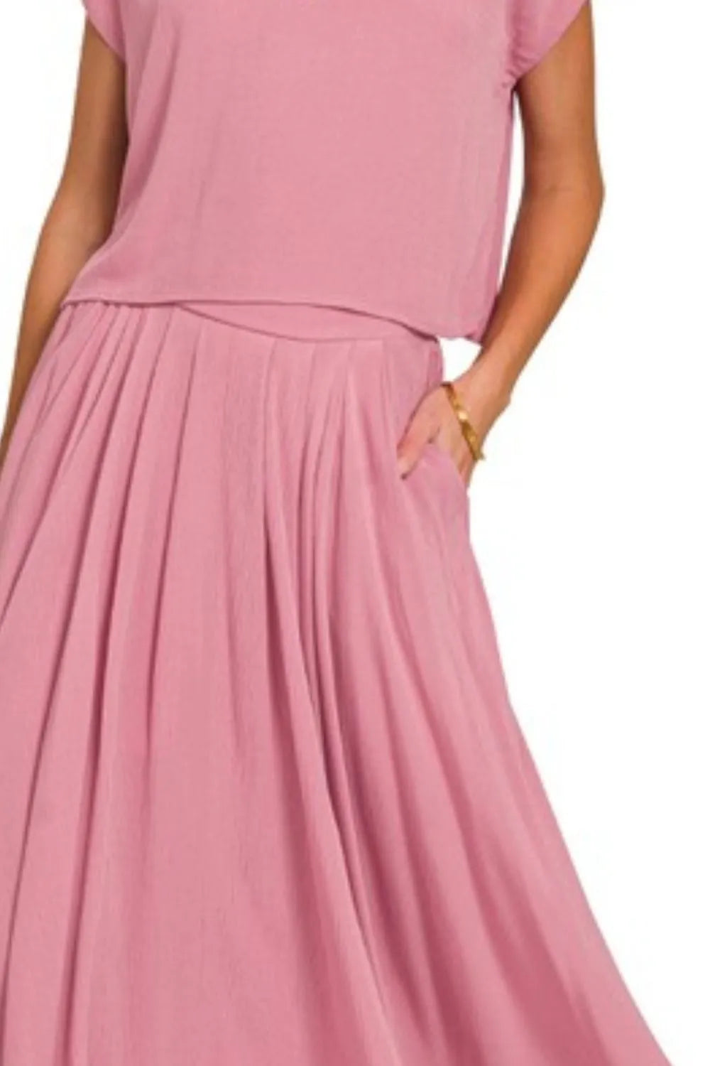 Zenana Woven Crinkle Gauze Crop Tee and Skirt Set OutfitFlow