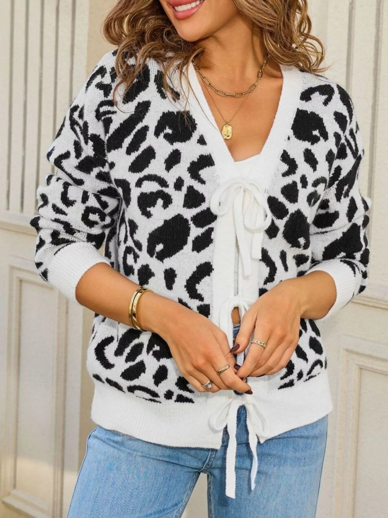 Leopard Tie-Front Cardigan Trendsi