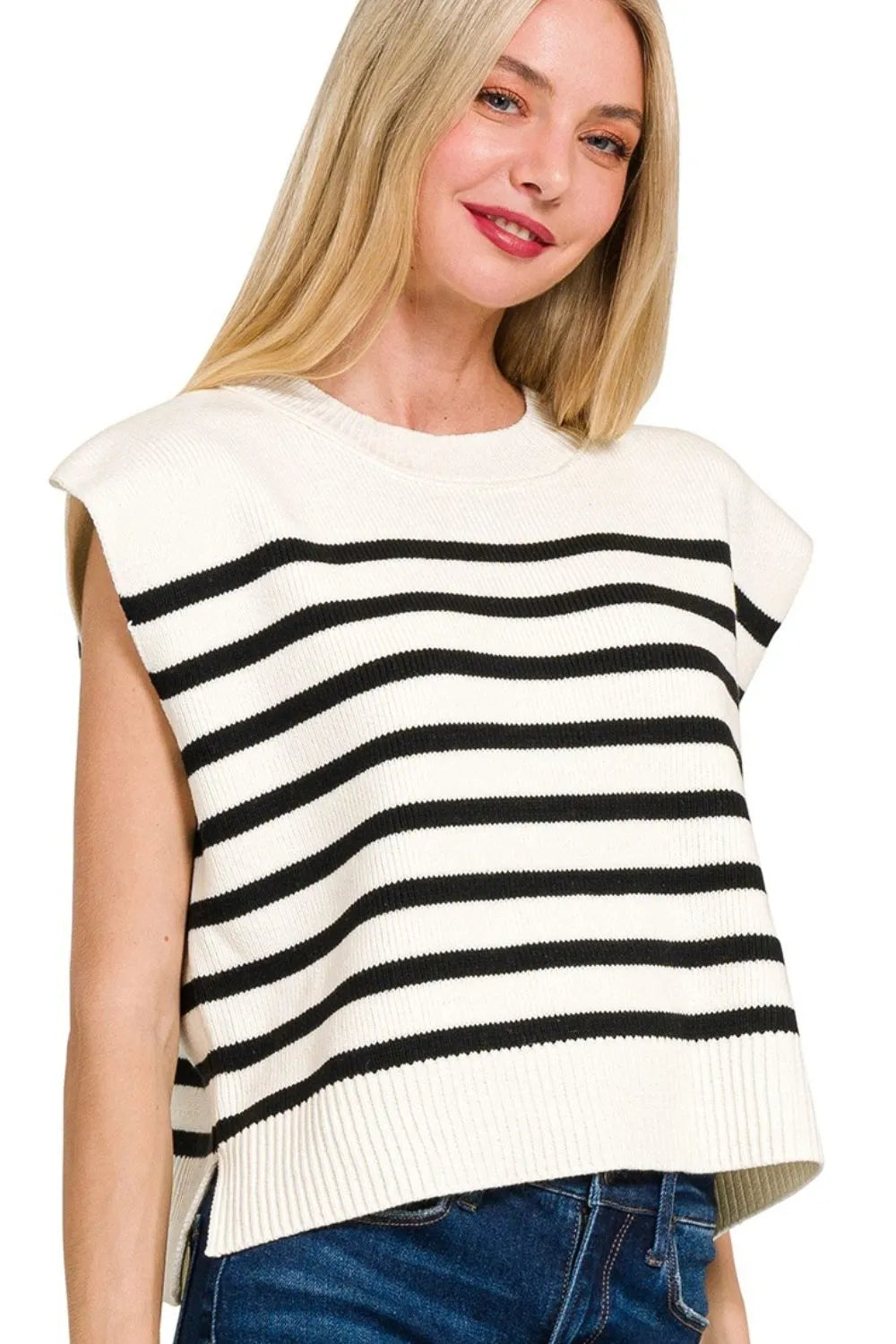 Zenana Oversized Crew Neck Stripe Sweater Vest BLACK OutfitFlow