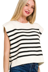 Zenana Oversized Crew Neck Stripe Sweater Vest BLACK OutfitFlow