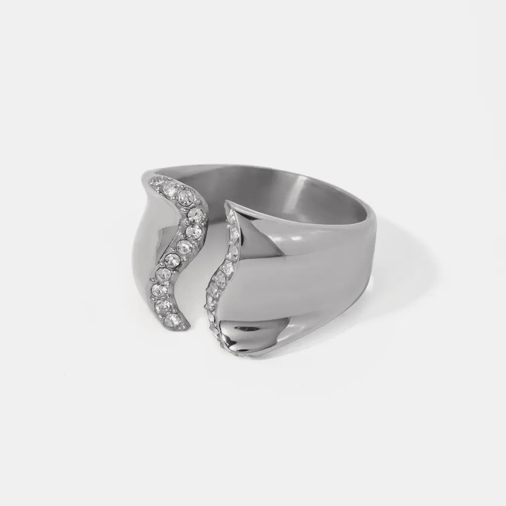 Stainless Steel Inlaid Rhinestone Bypass Ring Silver One Size OutfitFlow
