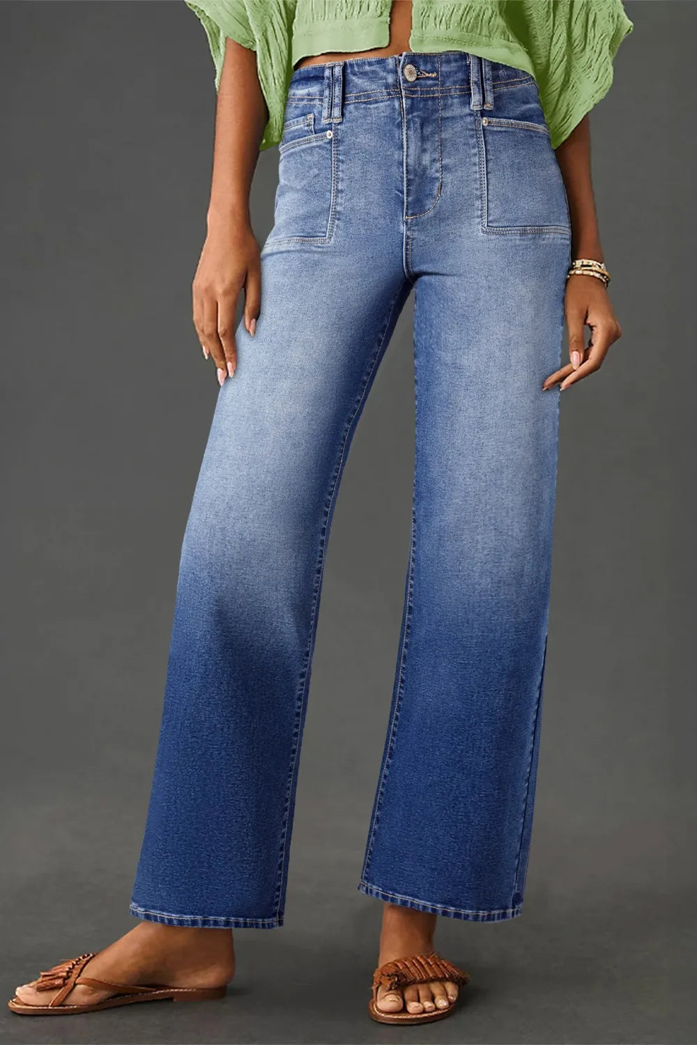 High-Waisted Wide-Leg Vintage Wash Jeans Dusty Blue OutfitFlow
