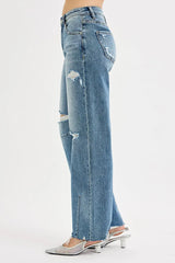 RISEN Full Size Mid Rise Fit Wide Baggy Leg Tie Washed Jeans Plus Size OutfitFlow