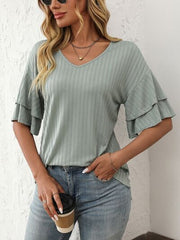 Mandy V-Neck Ruffle Half Sleeve Top OutfitFlow