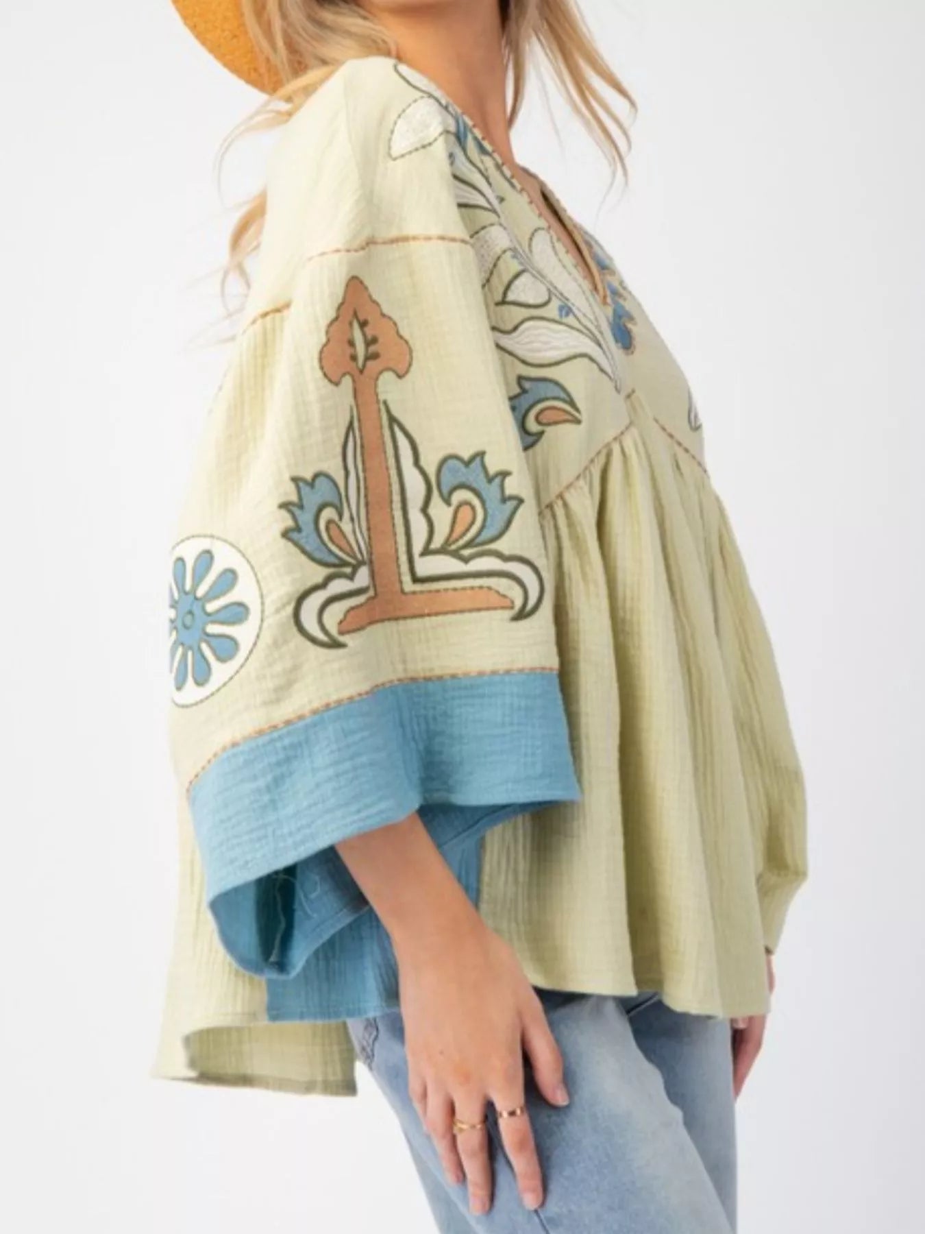 Printed V-Neck Top with Contrast Trim Details OutfitFlow