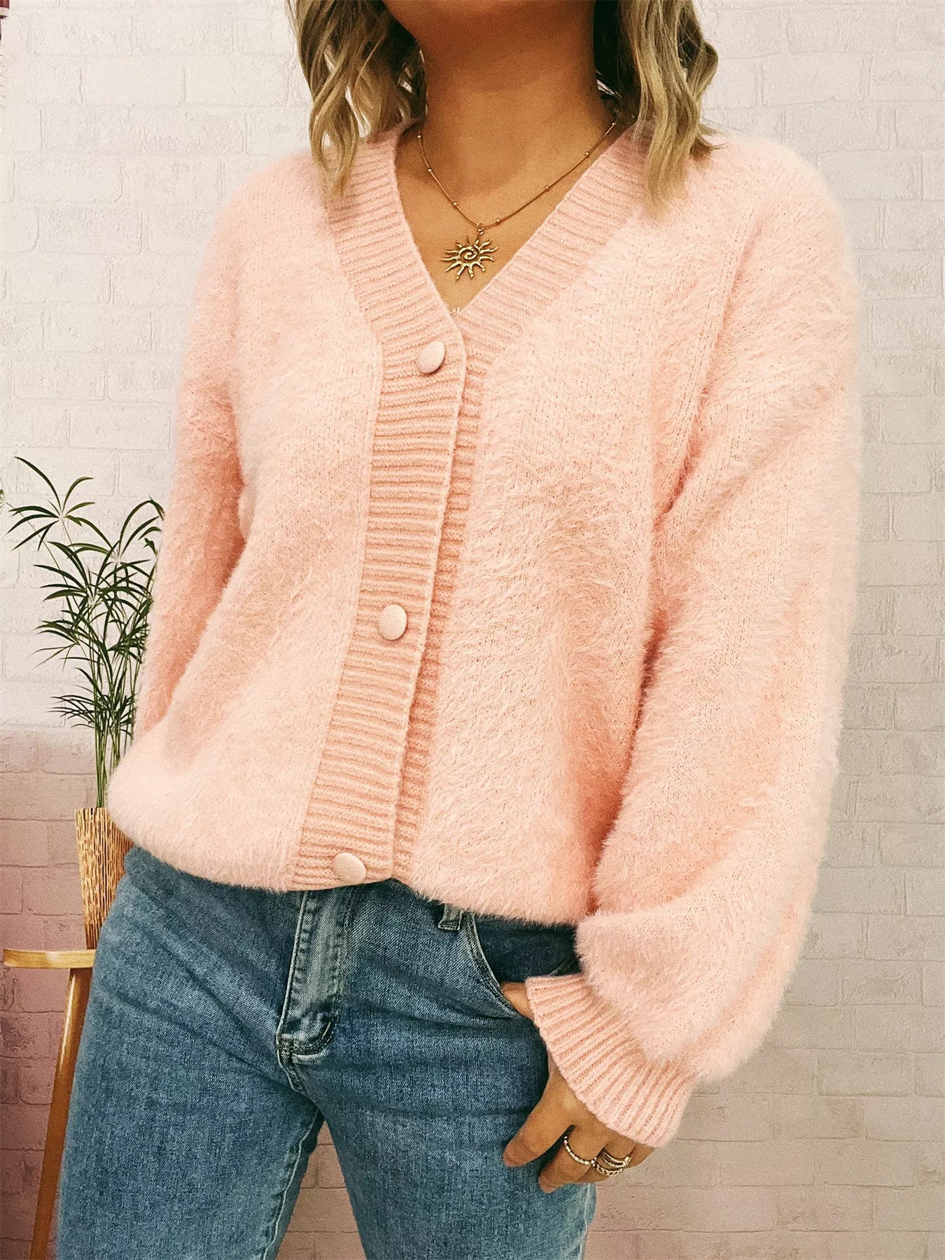 Fuzzy Button-Up Long Sleeve Cardigan OutfitFlow
