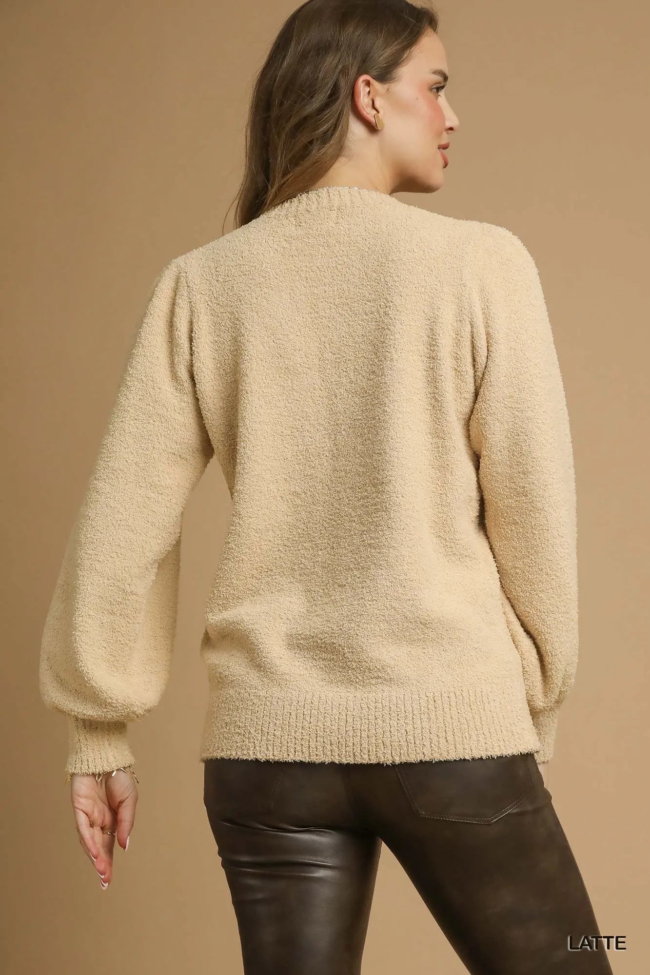 Umgee Textured Long Sleeve Sweater with Ribbed Trim Trendsi