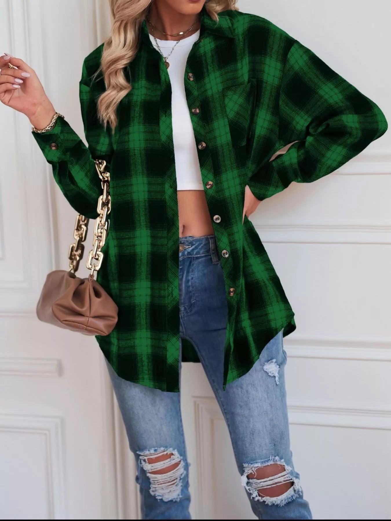 Casual Plaid Button Up Shirt Dark Green Trendsi