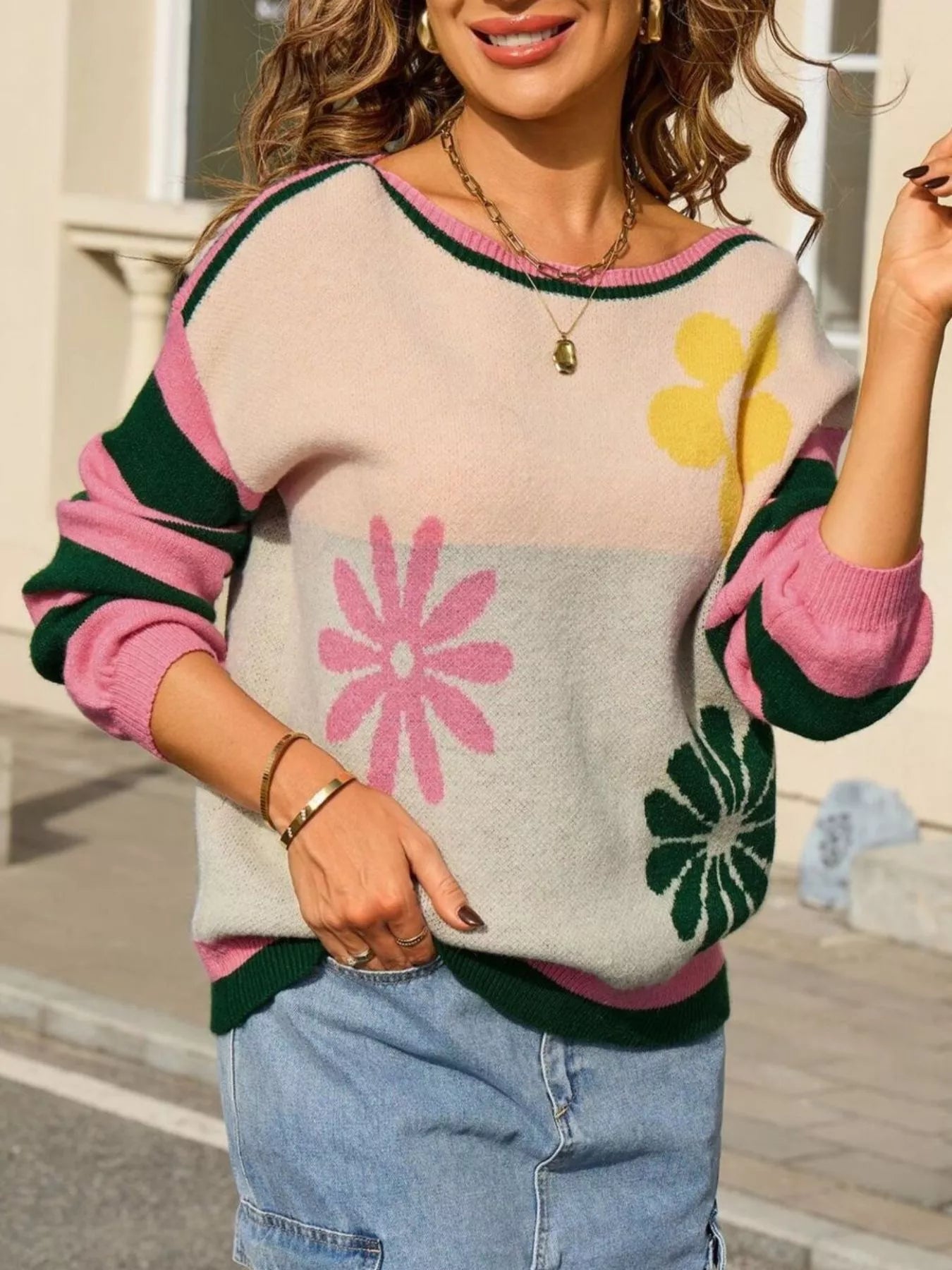 Floral Striped Sleeve Round Neck Sweater Trendsi