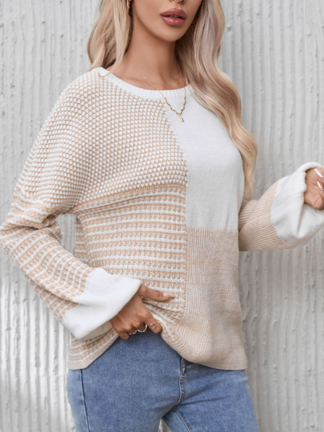 Outfit Flow - Contrast Round Neck Long Sleeve Sweater