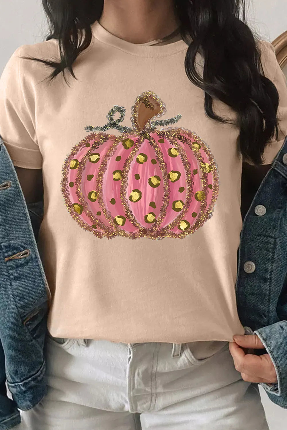 Pumpkin Round Neck Short Sleeve T-Shirt Tan OutfitFlow