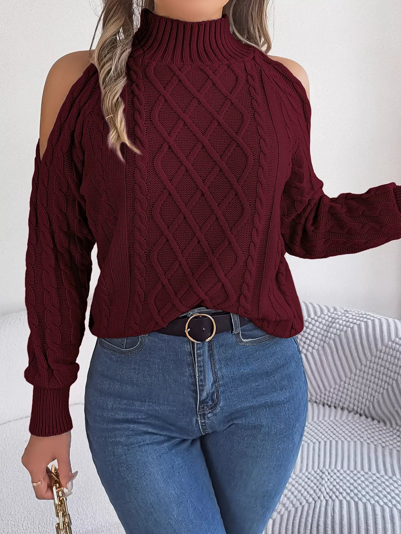 Cable Knit Cold Shoulder Turtleneck Sweater OutfitFlow
