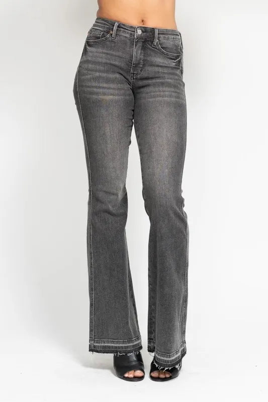 Judy Blue Full Size Mid Rise Tummy Control Washed Gray Release Hem Flare Jeans Plus Size OutfitFlow