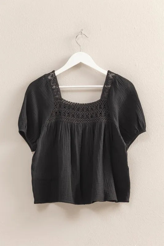 HYFVE Crochet Detail Puff Sleeve Peasant Top OutfitFlow
