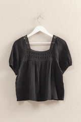 HYFVE Crochet Detail Puff Sleeve Peasant Top OutfitFlow
