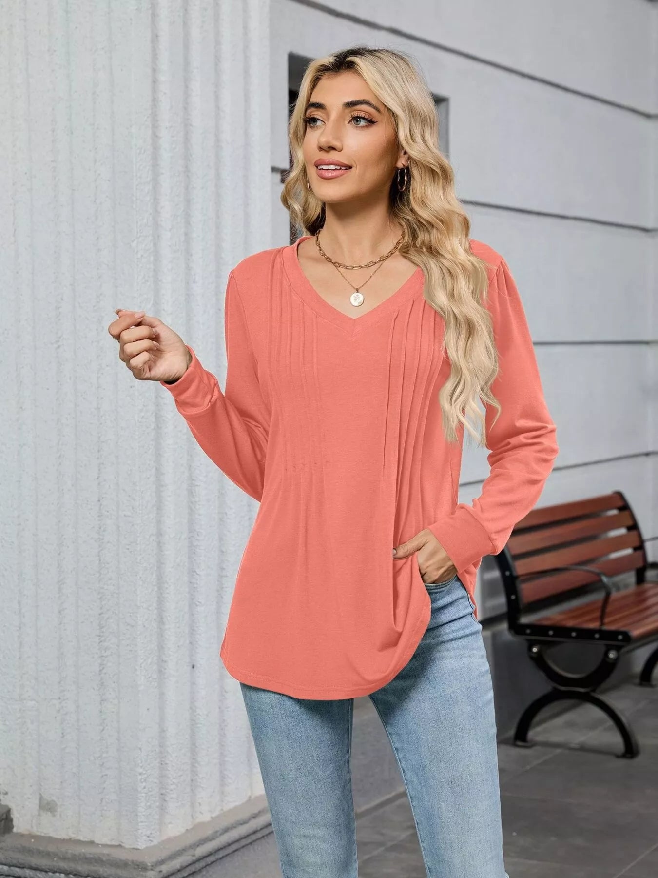 V-Neck Long Sleeve Relaxed Fit T-Shirt OutfitFlow