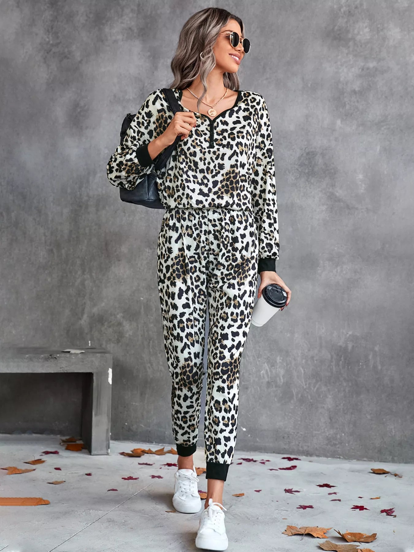 Leopard Long Sleeve Top and Pants Set OutfitFlow