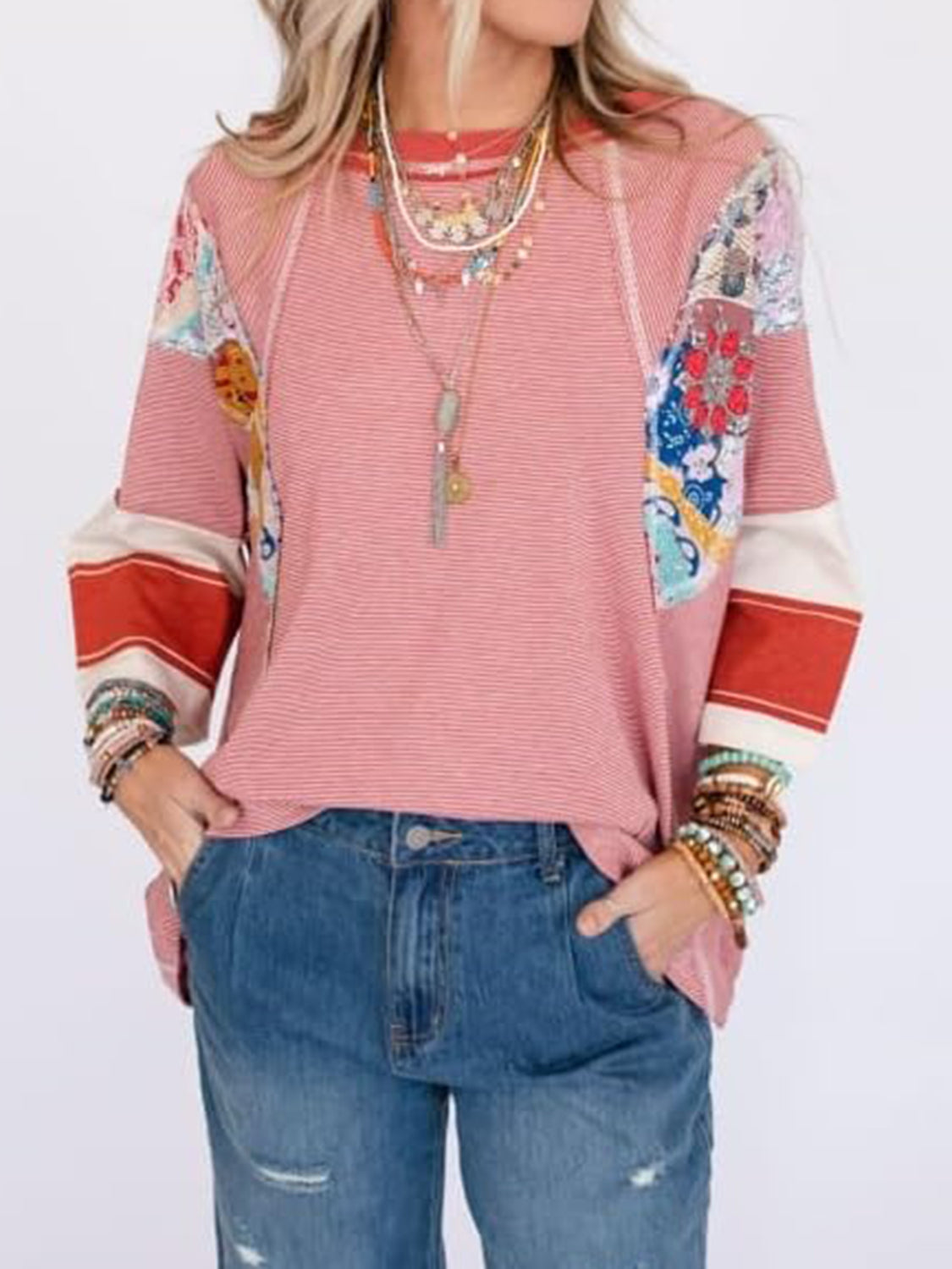 Outfit Flow - Color Block Printed Three-Quarter Sleeve Top