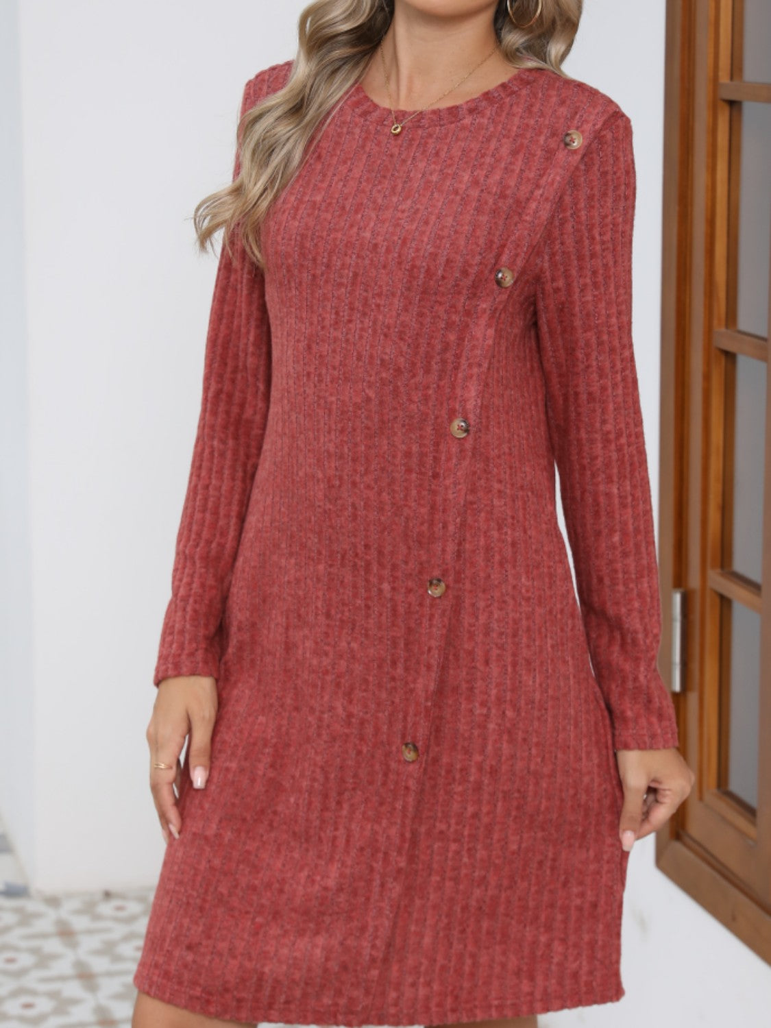 Outfit Flow - Decorative Button Round Neck Long Sleeve Dress