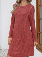 Outfit Flow - Decorative Button Round Neck Long Sleeve Dress