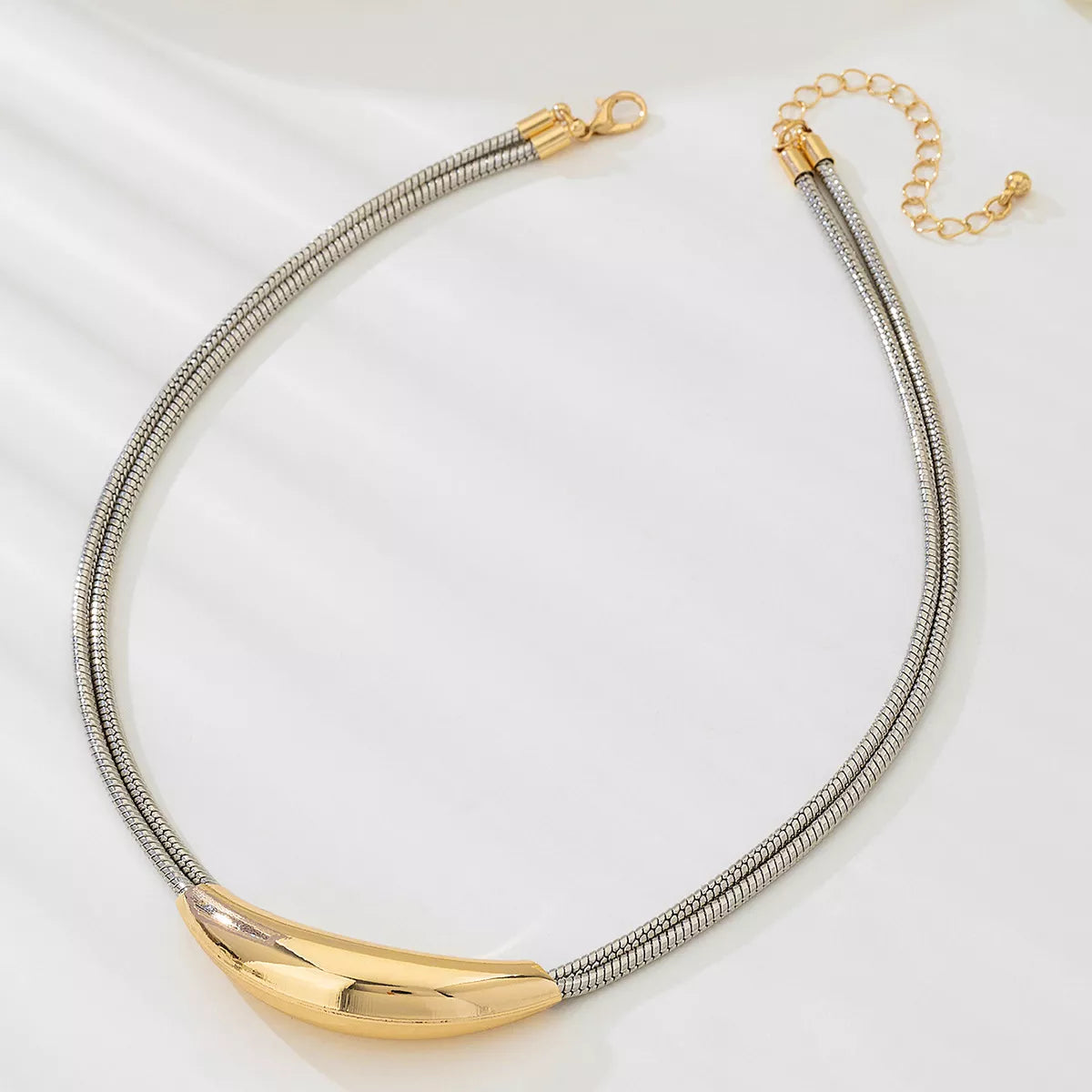 Two-Tone Alloy Curved Pendant Snake Chain Necklace OutfitFlow