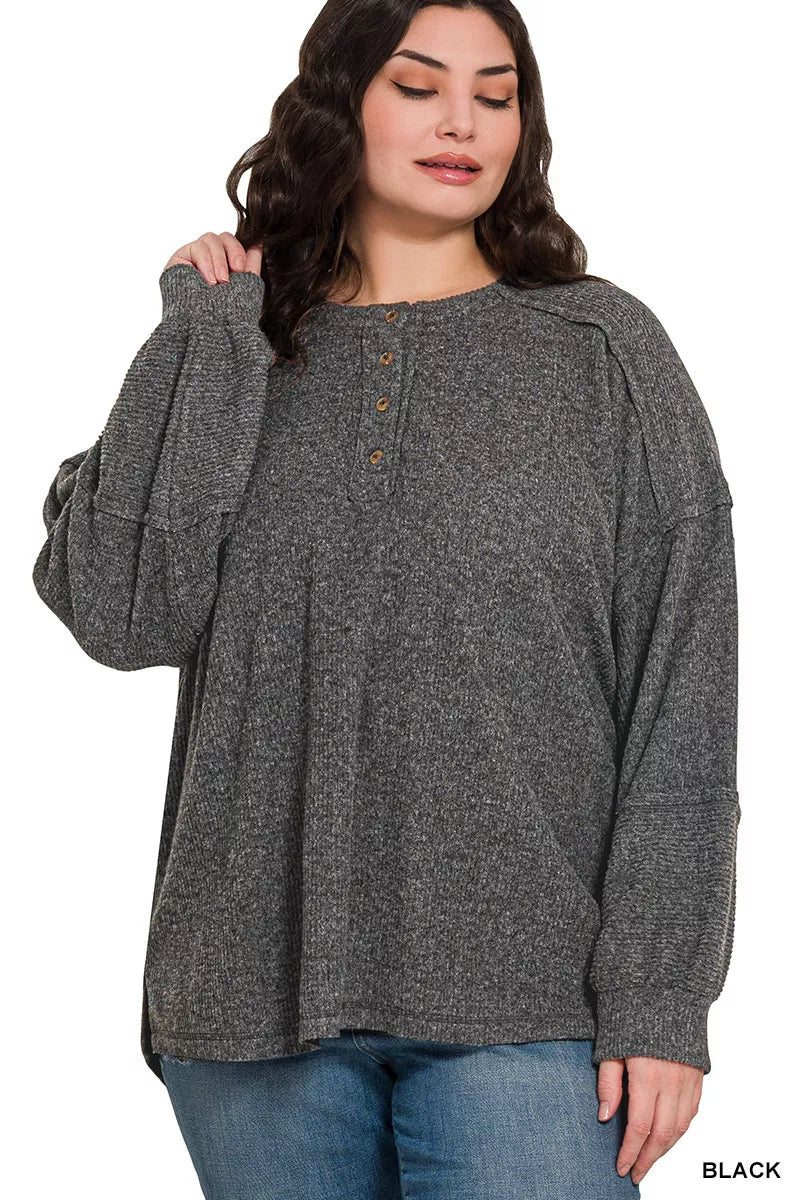 Zenana Full Size Ribbed Brushed Hacci Melange Henley Sweater Plus Size Trendsi