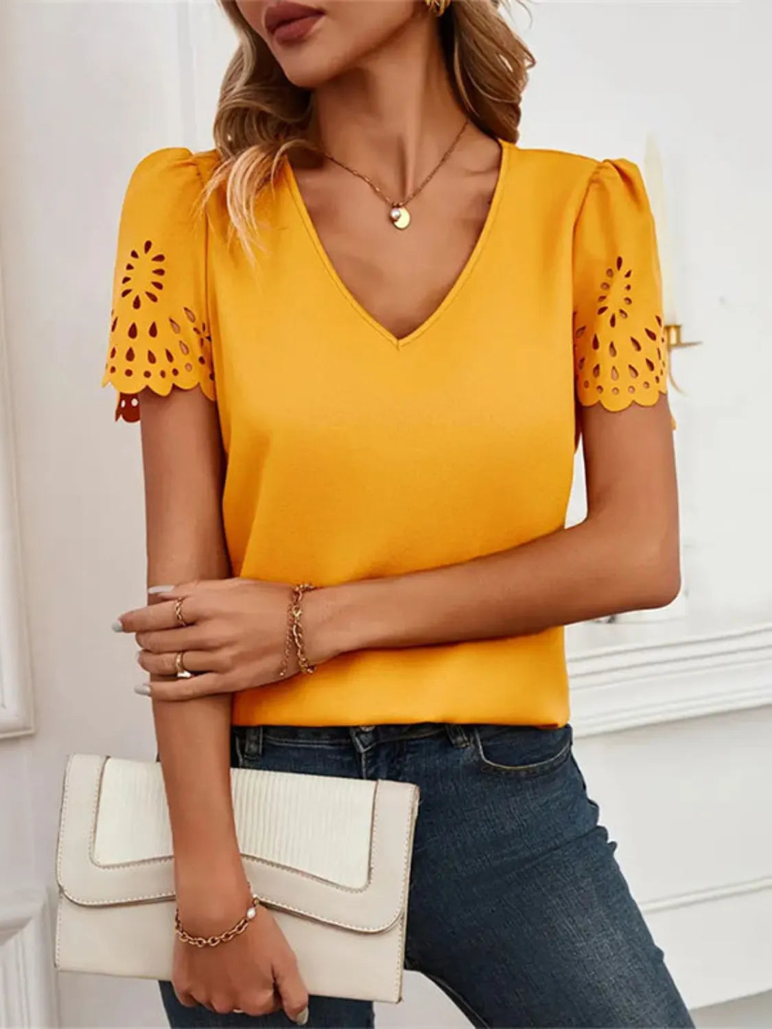 V-Neck Laser Cut Sleeve Blouse OutfitFlow