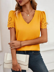 V-Neck Laser Cut Sleeve Blouse OutfitFlow