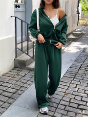Casual Drawstring Zip Up Hoodie and Wide Leg Pants Set OutfitFlow