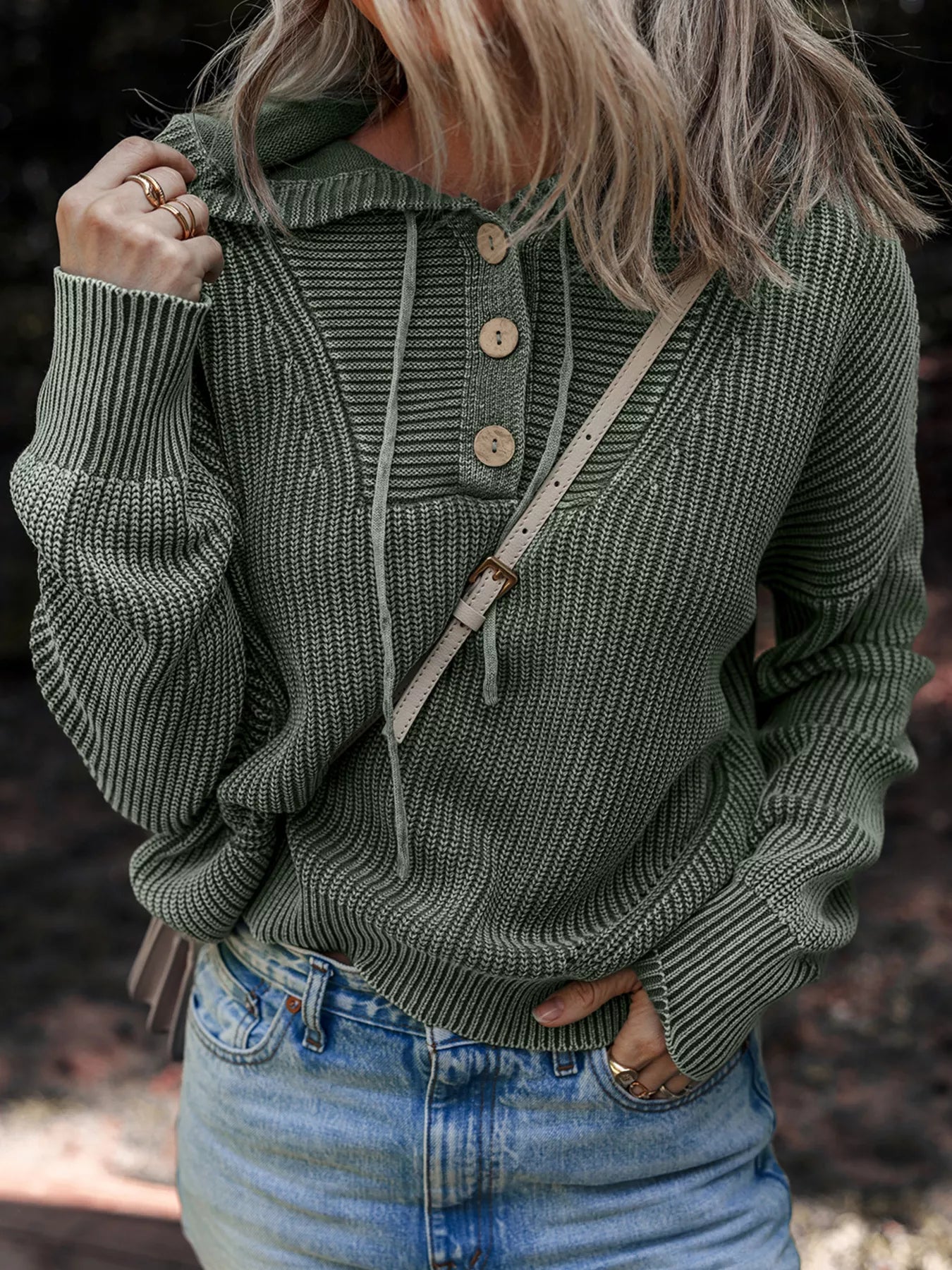 Mineral Wash Ribbed Knit Button Drawstring Neck Hooded Sweater OutfitFlow