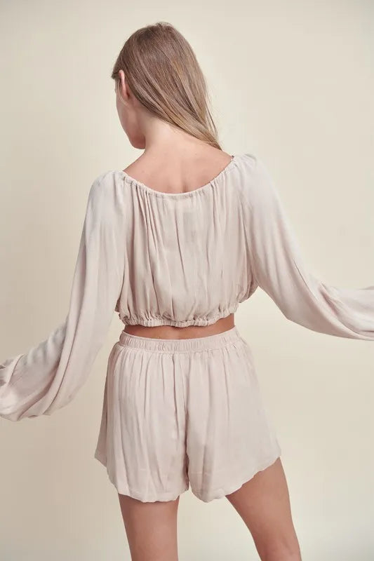 MABLE Gauze Long Sleeve Button Crop Top and Short Set OutfitFlow