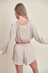MABLE Gauze Long Sleeve Button Crop Top and Short Set OutfitFlow