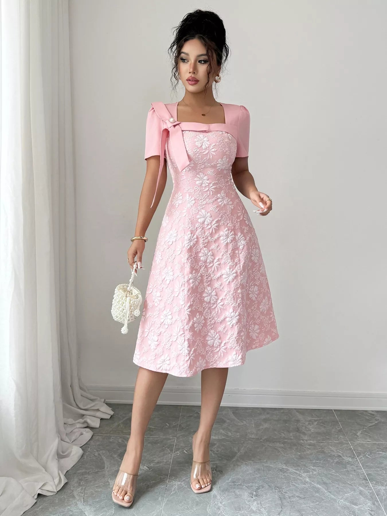 Bow Detail Square Neck Short Sleeve Dress OutfitFlow