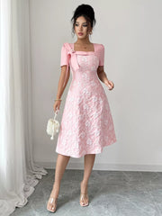 Bow Detail Square Neck Short Sleeve Dress OutfitFlow