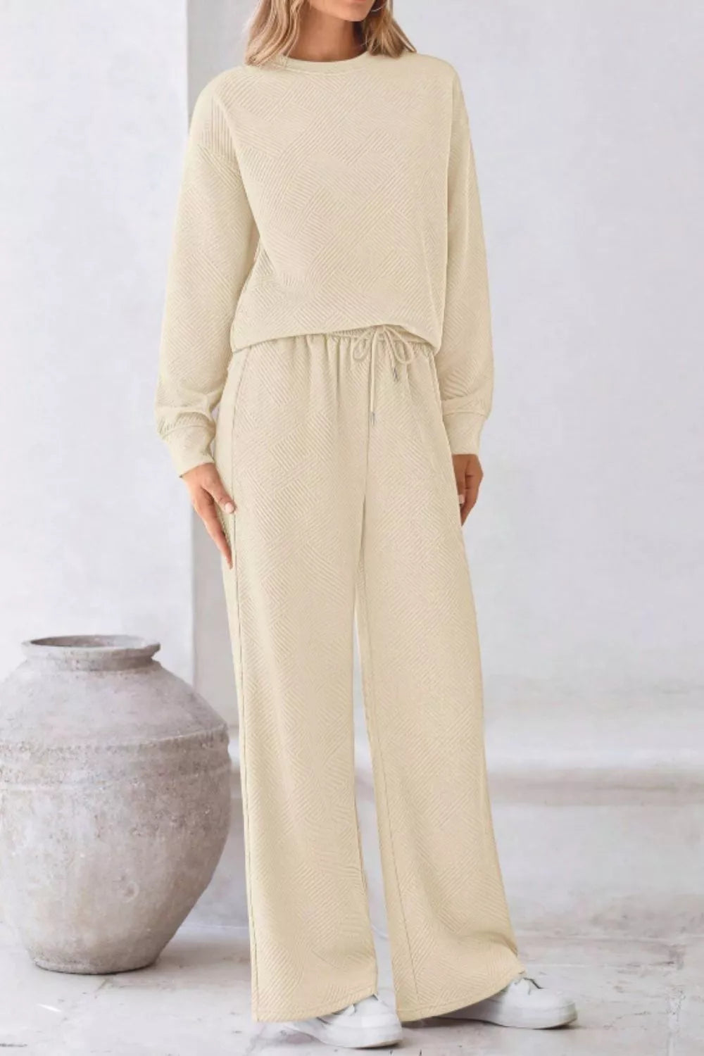 Round Neck Long Sleeve Top and Pants Set OutfitFlow
