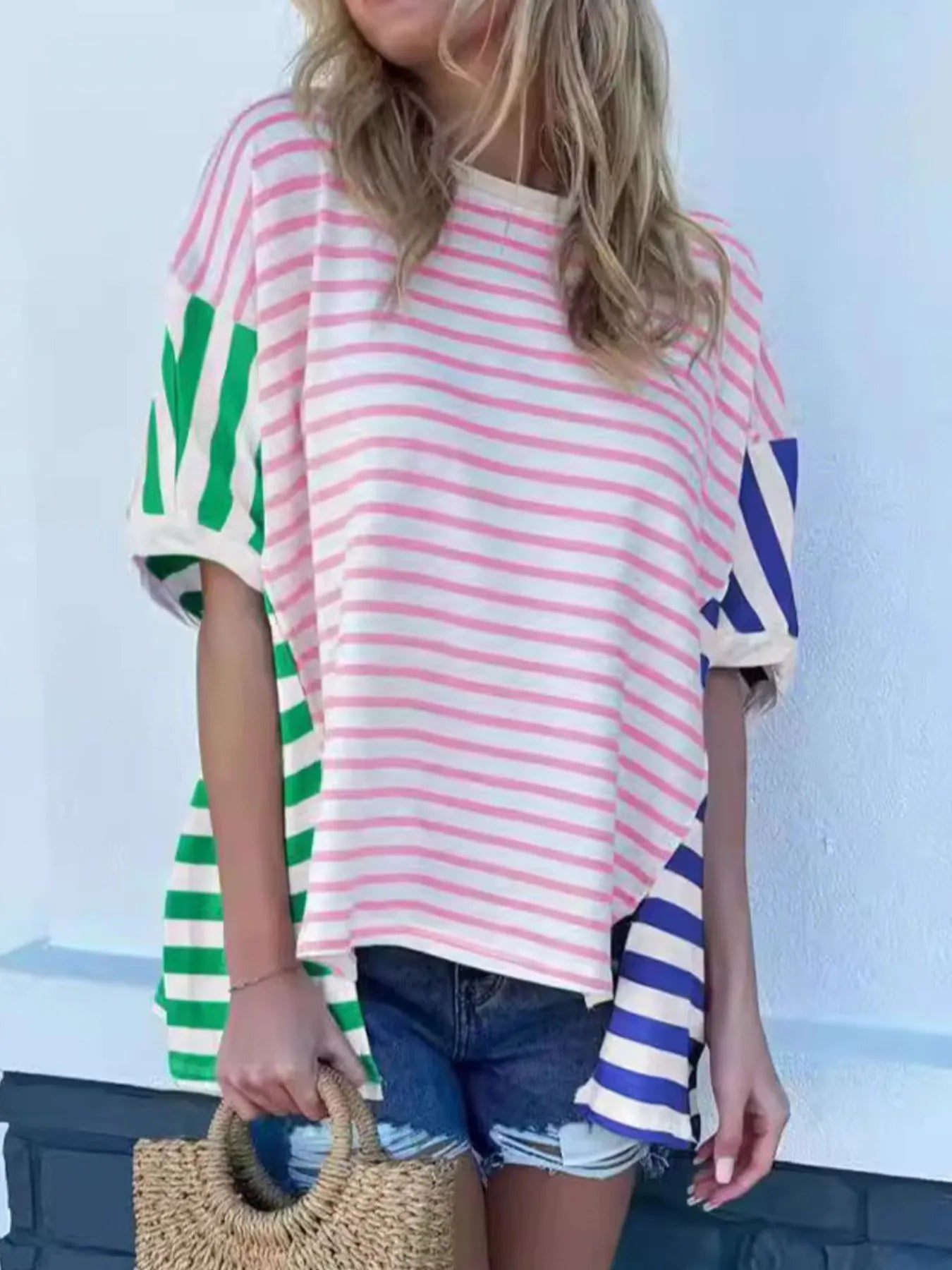 Colorful Striped Oversized T-Shirt Pink OutfitFlow
