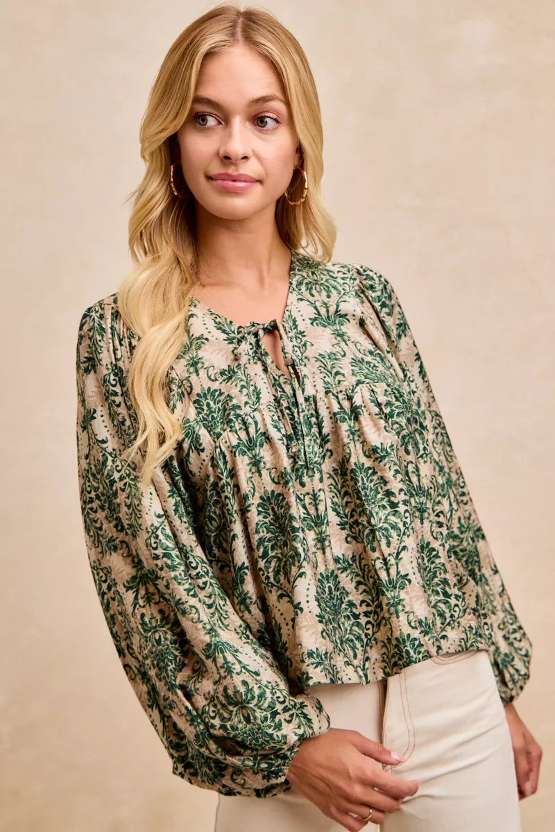 BiBi Printed Woven Front Tied Blouse with Baloon Sleeve OutfitFlow