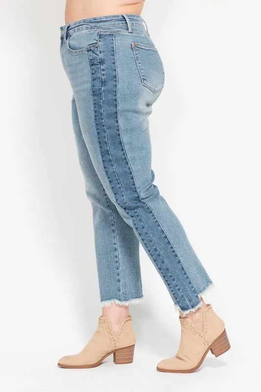 Judy Blue Full Size Vintage Wash Side Panel Detail with Fray Hem Slim Plus Size OutfitFlow