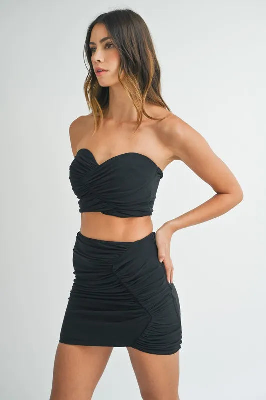 MABLE Ruched Tube Crop Top and Skirt Set OutfitFlow