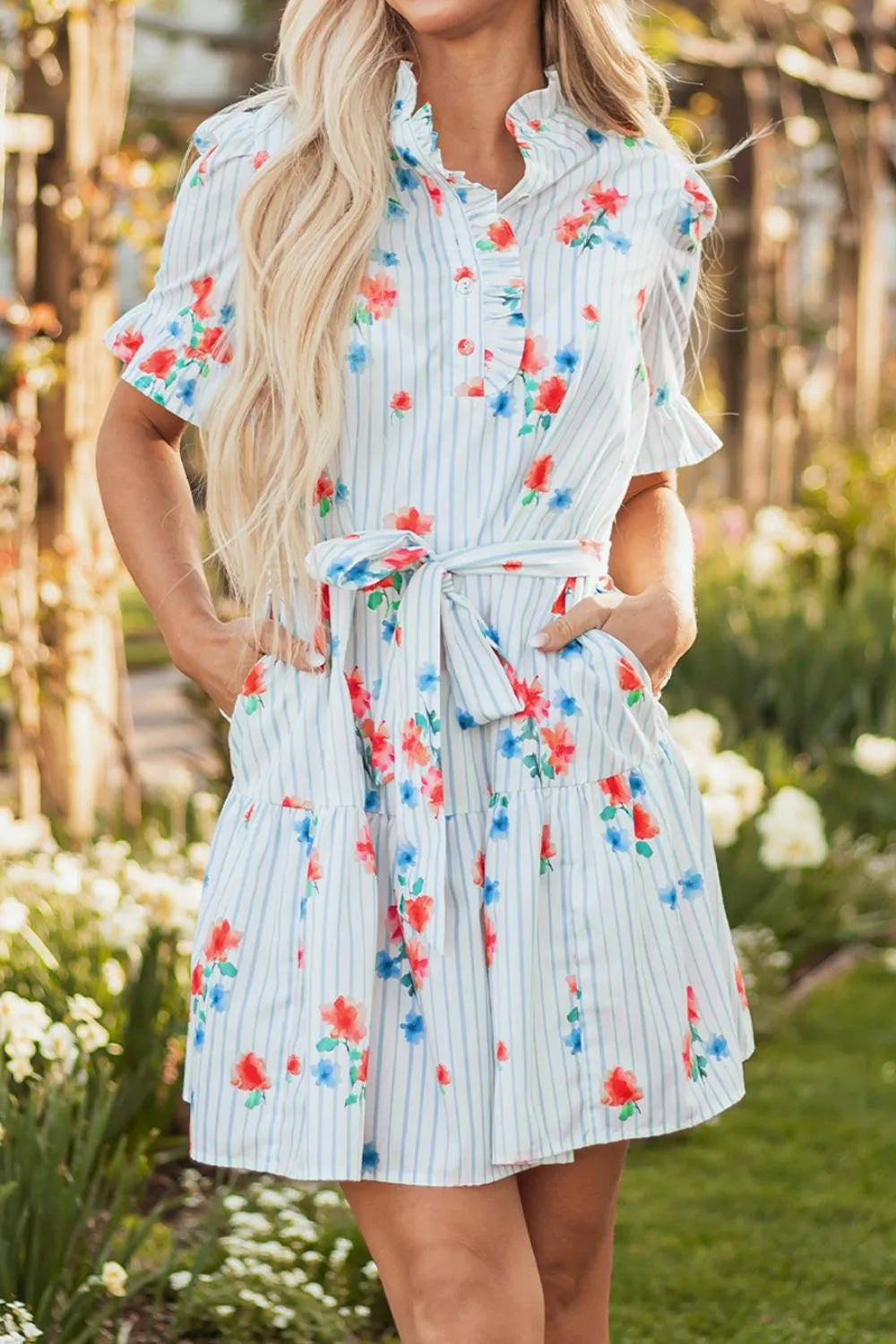 Stripe Floral Pattern Ruffle Short Sleeve Belted Mini Dress OutfitFlow