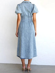 Puff Sleeve Button Front Denim Midi Dress OutfitFlow