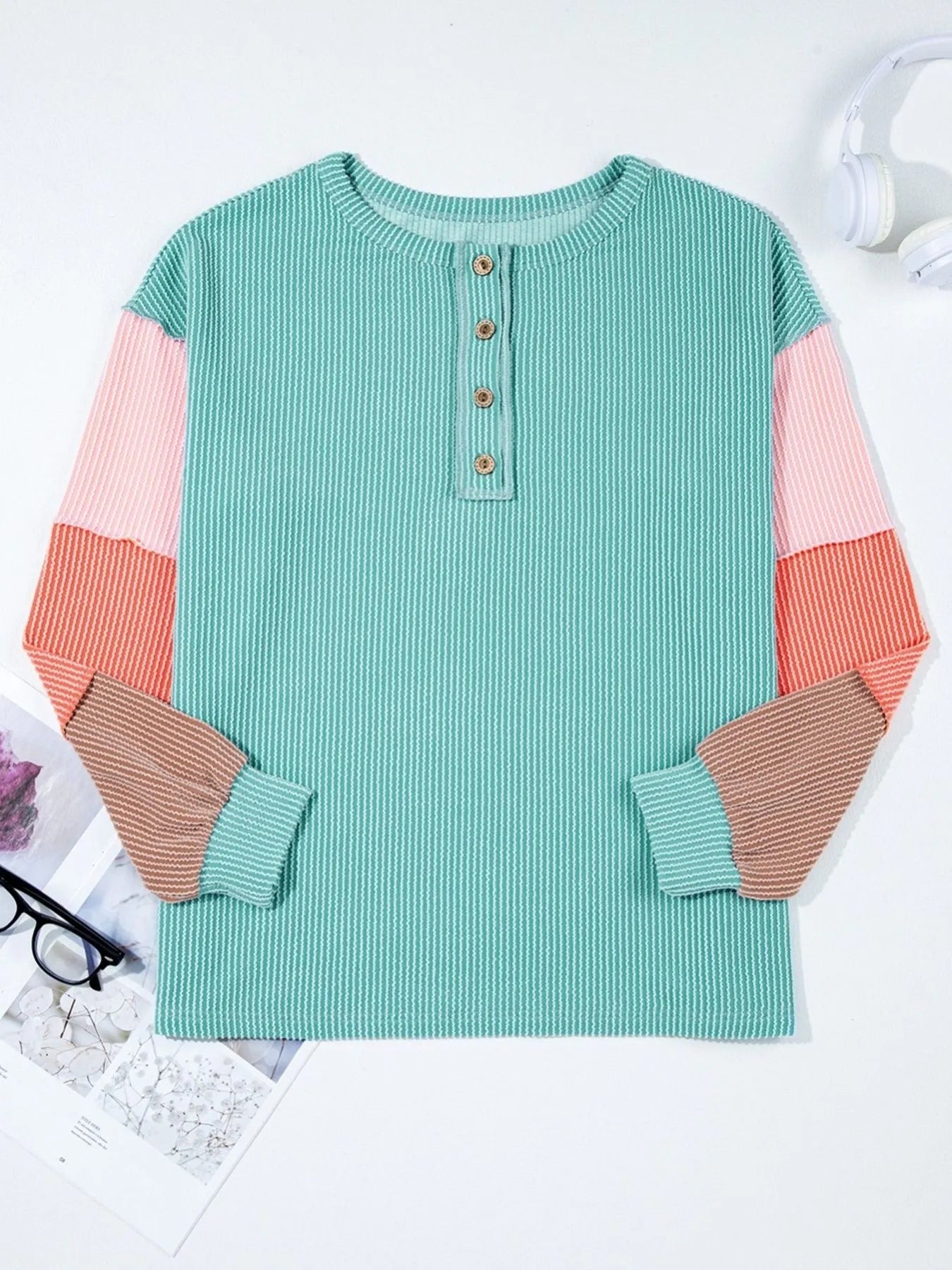 Color Block Ribbed Knit Henley Sweatshirt OutfitFlow