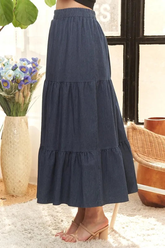 ADORA Waist Band Tiered Denim Maxi Skirt OutfitFlow