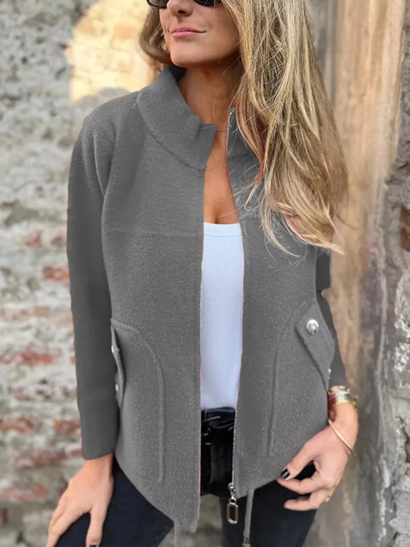 Full Size Textured Knit Zip Up Outerwear Plus Size Gray Trendsi